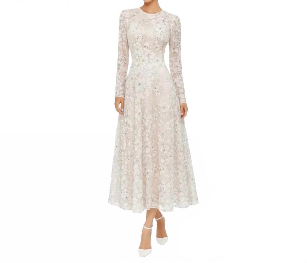 NEW DRESS THE POPULATION women's embellished tea length midi dress in white